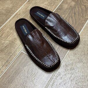 Mystique Boutique Leather Mules Loafers Slip On Snakeskin Brown Burgundy Sz 7